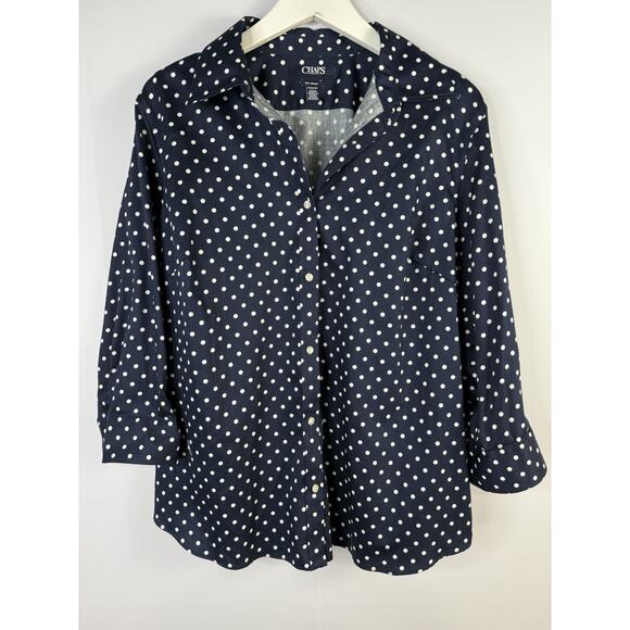 Chaps Ralph Lauren 1X Button Up Top Polka Dots No-Iron Blue 3/4 Flip Cuff - Picture 1 of 7